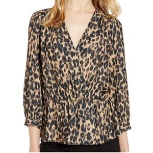 Halogen Leopard Print Faux Wrap Peplum Blouse/Top Size XXS